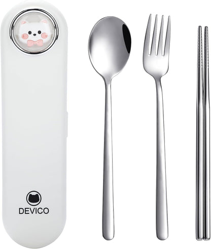 DEVICO Travel Utensils with Case Cute, Reusable Silverware for Lunch, 4Pcs Portable Cutlery Set, 18/8 Stainless Steel Fork Spoon Chopsticks in Cartoon Case, Dishwasher Safe (Light Yellow)