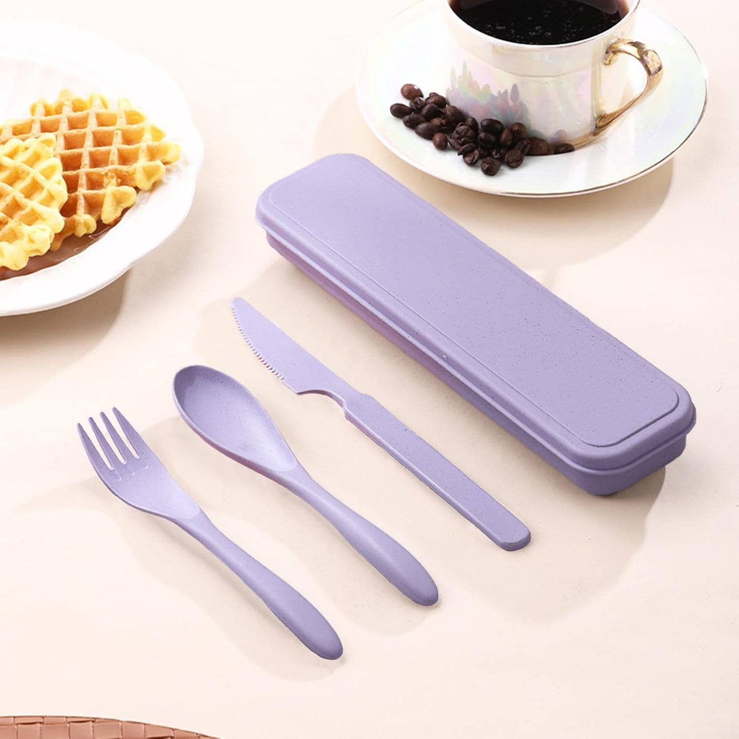 Reusable Travel Utensils Set with Case, 2 Sets Wheat Straw Portable Knife Fork Spoons Camping Cutlery for Lunch Box, Eco-Friendly BPA Free Plastic Tableware for Kids Adults Work Picnic (Purple+Pink)
