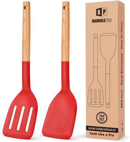 Pack of 2 Silicone Cooking Spatula, Heat Resistant Solid Turner, Non Stick Slotted Spatulas with Wooden Short Handle,Ideal Wood Kitchen Utensils Set for Frying, Baking, Flipping, Turning