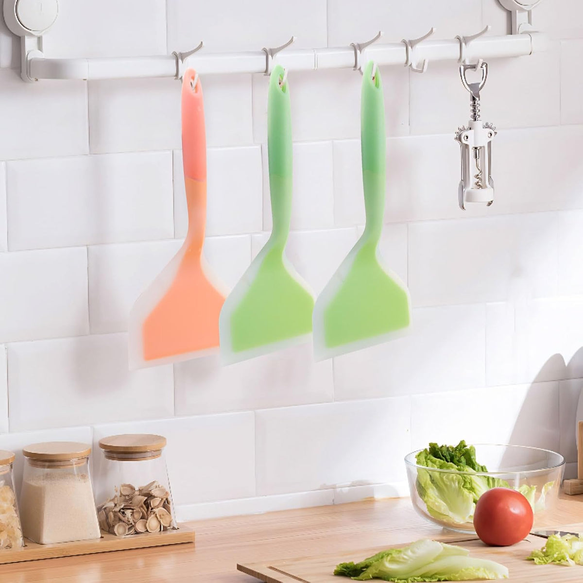 Hitefu 2 Pcs Silicone Spatula Turner, Green & Pink