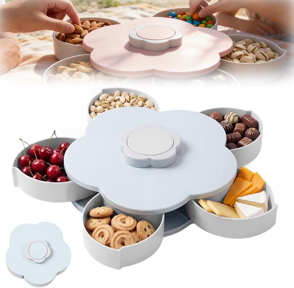 Divided Serving Tray that Spins, Flower Shaped Rotating Snack Container with Lid, 5-Compartment Twist and Turn Snack Fruit Food Platter Tray for Picnic Parties Home Kitchen (Pink)