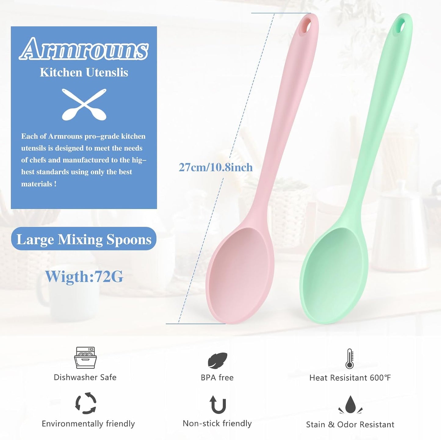 Silicone Mixing Spoons 2-Pack, 10.8" Large High Heat Resistant Nonstick Cooking spoon for Stirring, Mixing and Serving, Green & Pink Rubber Spoon.