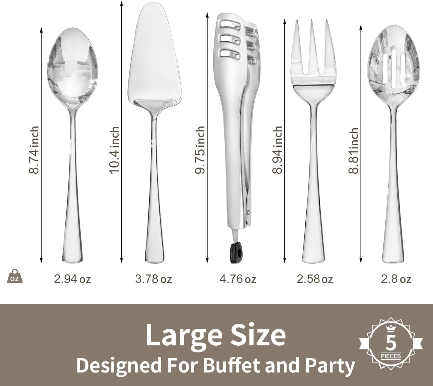 KINGSTONE 8 Piece Serving Utensils Set, 18/10 Stainless Steel Serving Utensils, Slotted Spoon, Serving Spoon, Fork, Tong, Soup Ladle, Cake Server for Buffet, Parties, Kitchen
