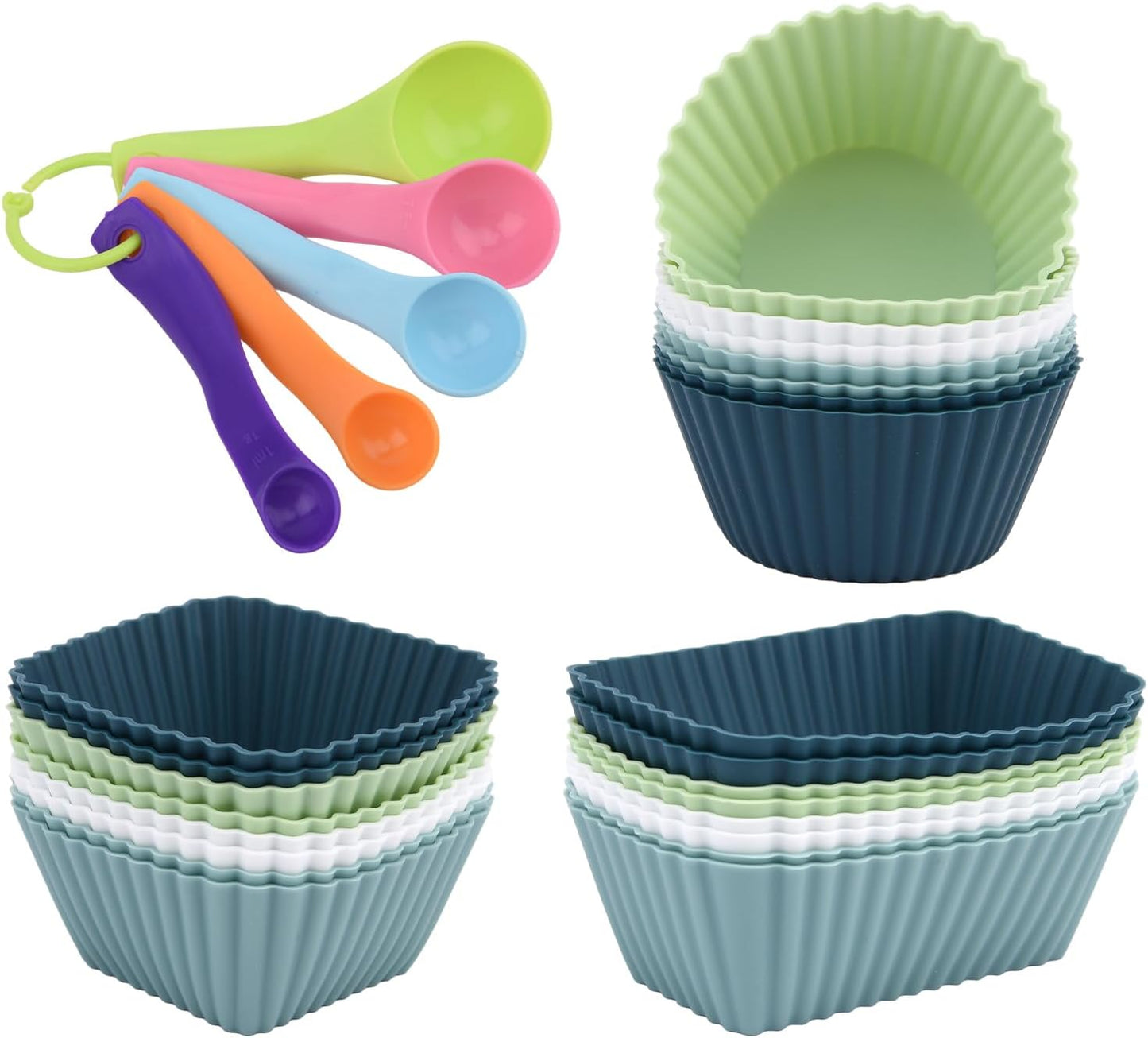 24pcs Silicone Muffin Cups,5pcs Plastic Measuring Spoons Set,Reusable Muffin Liners Silicone Cupcake Liners Lunch Box Dividers,3 Shape Non-Stick Baking Cups Cup Cake Molds Holder