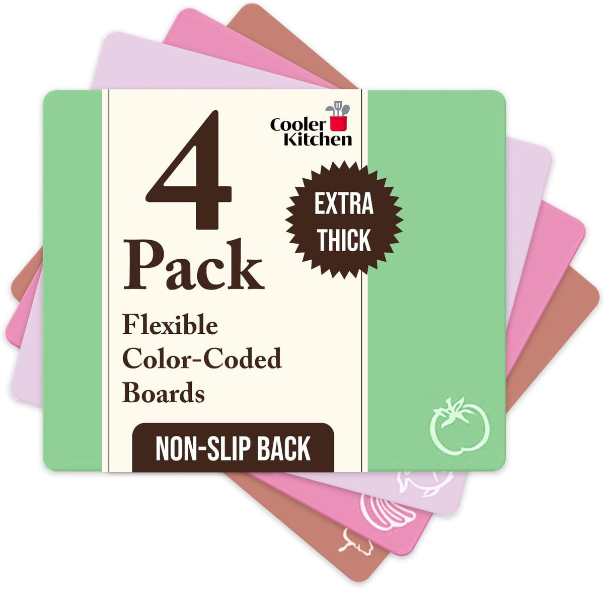 Extra Thick Flexible Plastic Cutting Board Mats, Set of 6 for Kitchen, BPA Free, Non-Slip Waffle Back, Dishwasher Safe Cutting Boards, Color Coded with Food Icons, 15x12 Inch - Cooler Kitchen