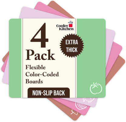 Extra Thick Flexible Plastic Cutting Board Mats, Set of 6 for Kitchen, BPA Free, Non-Slip Waffle Back, Dishwasher Safe Cutting Boards, Color Coded with Food Icons, 15x12 Inch - Cooler Kitchen