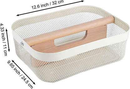 AJIODA Metal Mesh Steel Storage Basket, Garden Harvest Wire Organizer Basket Multi-functional Kitchen Fruit Basket with Wooden Removable Partition & Handle for Bathroom Picnic Decor Cabinet, Grey