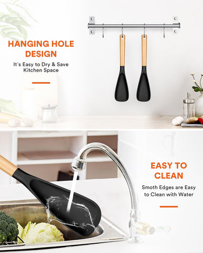 Cooking Spoon for Nonstick Cookwares, Great for Cooking and Serving Sturdy BPA-Free Matte Silicone, Wood Handle Spoon for Mixing, Scoop, and Scrape (Black & Grey, 11.4 inch)