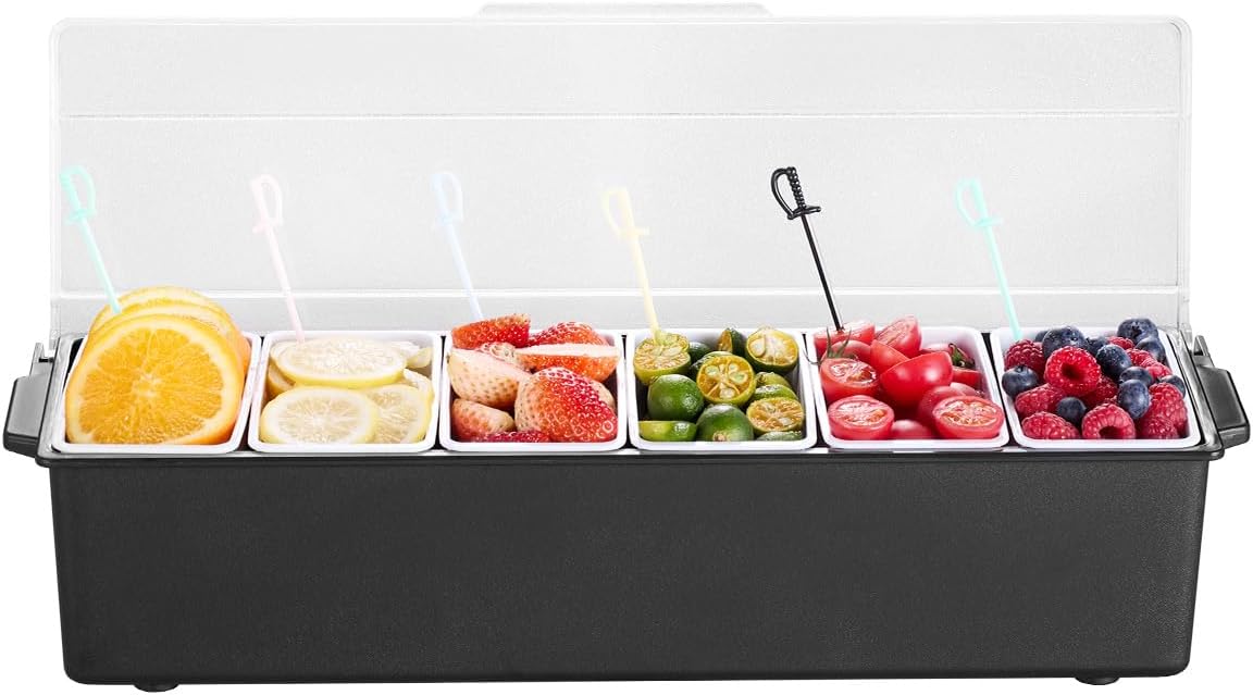 VEVOR Chilled Condiment Server Caddy, 5 Compartment Ice Cooled Serving Container, Plastic Fruit Garnish Tray Platter with Lid, for Taco Salad Bar Accessories, Party Home Restaurant Supplies