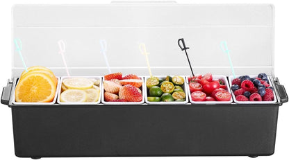 VEVOR Chilled Condiment Server Caddy, 5 Compartment Ice Cooled Serving Container, Plastic Fruit Garnish Tray Platter with Lid, for Taco Salad Bar Accessories, Party Home Restaurant Supplies