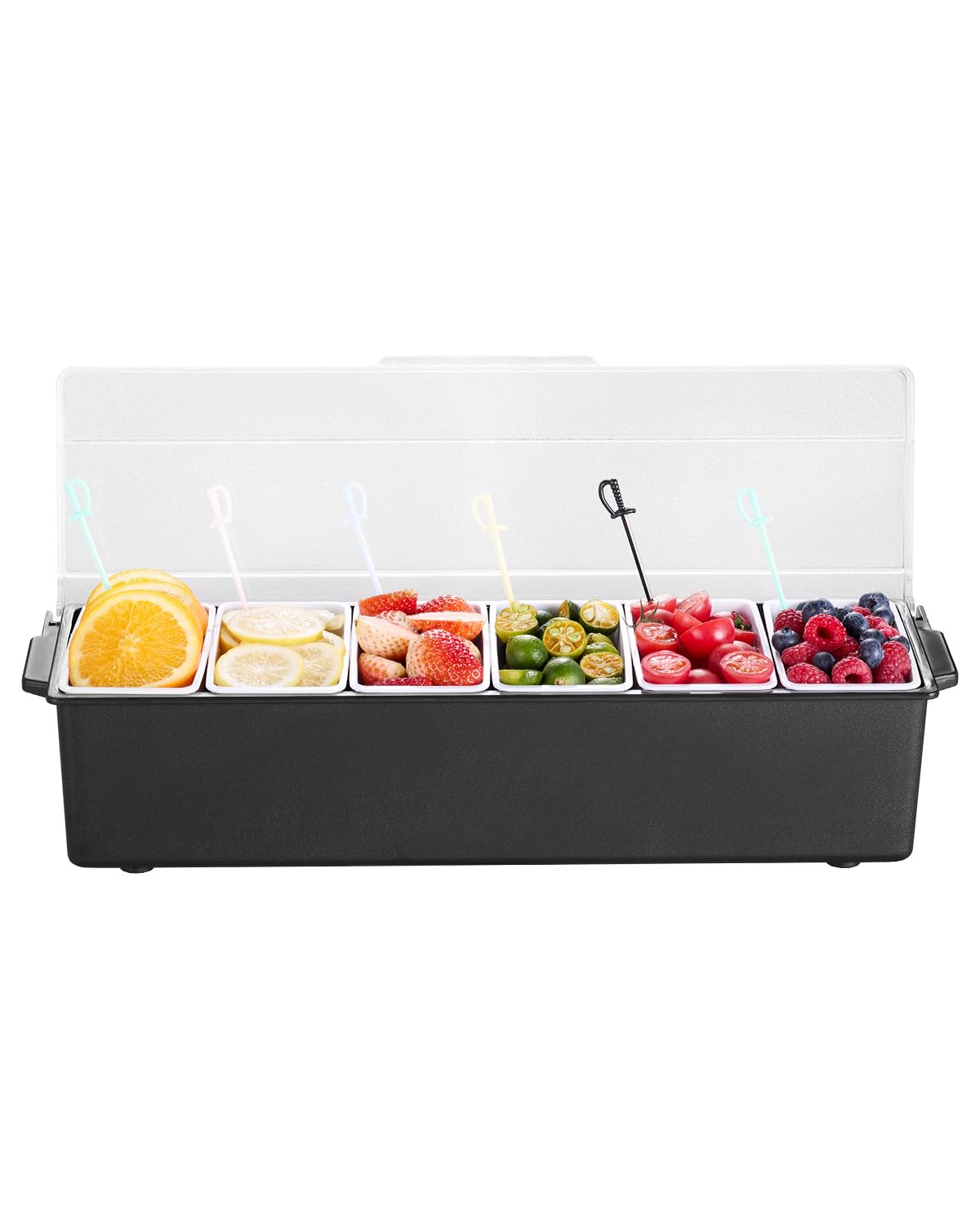 VEVOR Chilled Condiment Server, 4 Compartment Ice Cooled Condiment Serving Container, Chilled Garnish Tray Bar Caddy with Lid, for Bartending & Serving Taco, Salad, Fruit, Home & Restaurant Supplies
