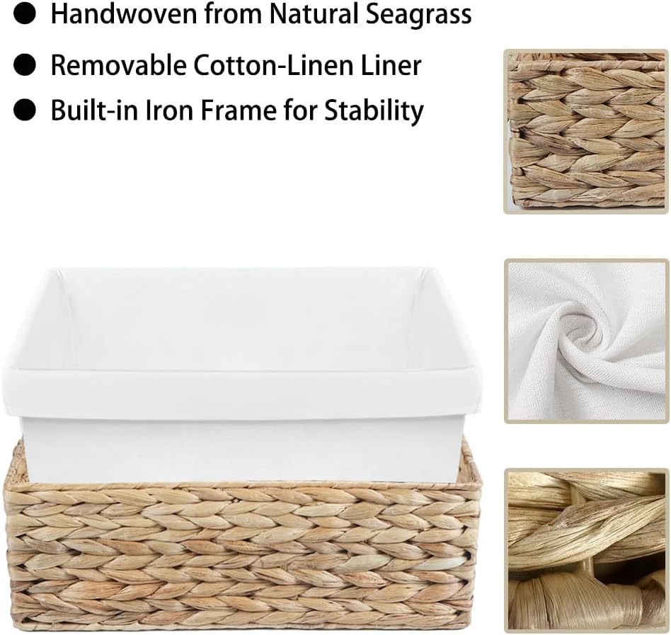 Water Hyacinth Shelf Baskets 4-Pack, Handwoven Wicker Bins with Removable Linen Liners – Divided Upper Compartment & Open Handles, Stackable for Pantry Bathroom Closet