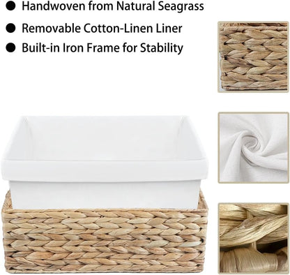 Water Hyacinth Shelf Baskets 4-Pack, Handwoven Wicker Bins with Removable Linen Liners – Divided Upper Compartment & Open Handles, Stackable for Pantry Bathroom Closet