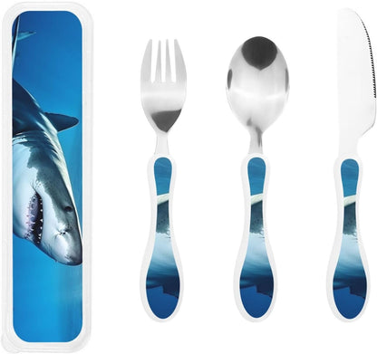 3-Piece Kids Silverware Set With Storage Case, Stainless Steel Reusable Children Safe Knife Spoon Fork Set Ocean Sea Animal Shark Children Flatware Set For Kids Lunch Box