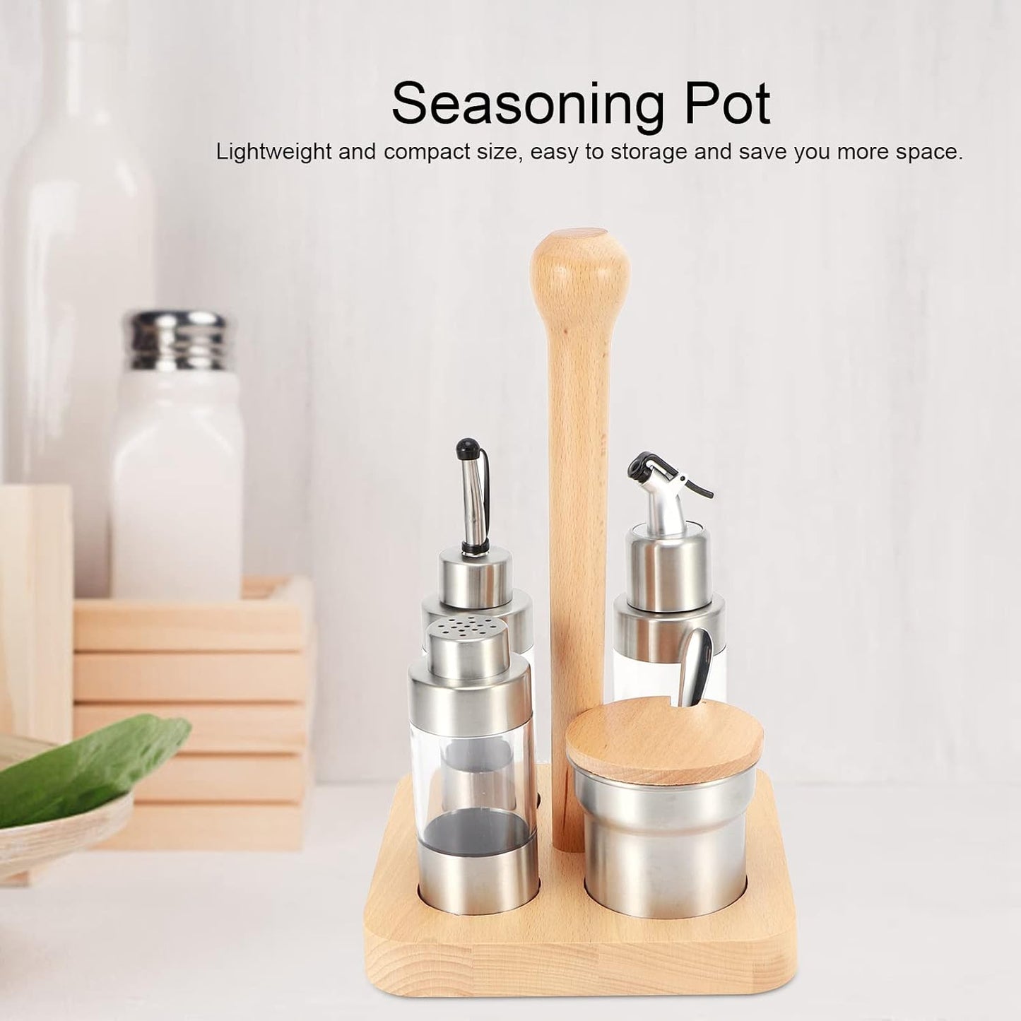 Cruet Set, Wood Condiment Spice Pepper Jar Box 5PCS Stainless Steel Plastic Oil Vinegar Salt Pepper Condiment Dispensers Set with Spoon (square wooden frame)