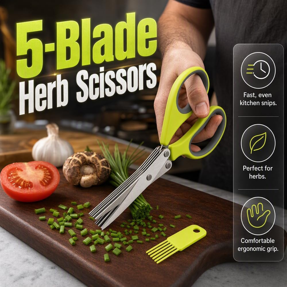 Herb Scissors, 5 Blade Kitchen Scissors with Cleaning Comb