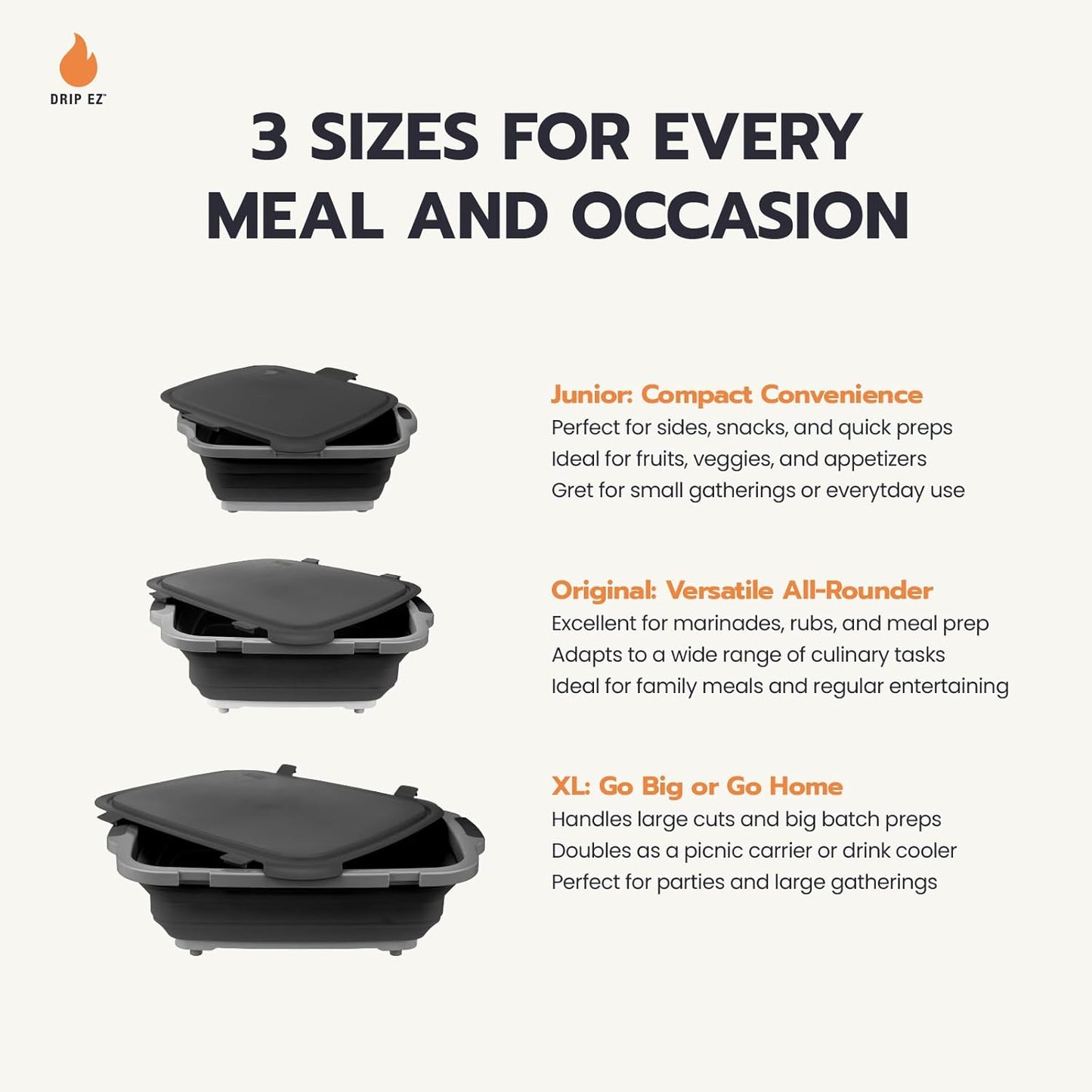 Drip EZ Collapsible BBQ Prep Tubs 2-Piece Set- For Meal Prep Marinating Food Storage - Includes Cutting Board & Lid - (2) XL - Black