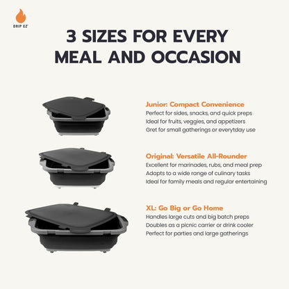 Drip EZ Collapsible BBQ Prep Tubs 2-Piece Set- For Meal Prep Marinating Food Storage - Includes Cutting Board & Lid - (2) XL - Black