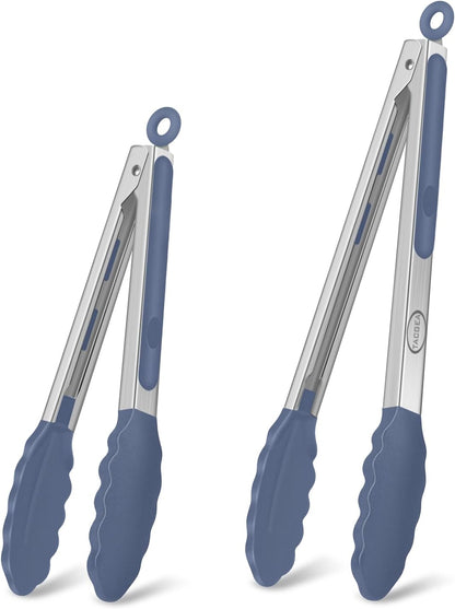 TACGEA Stainless Steel Kitchen Tongs with Silicone Tips, Locking Grilling Food Tongs, 7" 9" and 12", Set of 3 Black