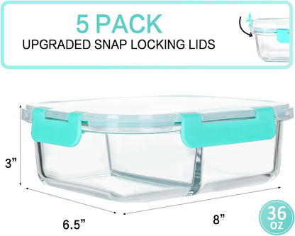 M MCIRCO [5-Pack,36 Oz] Glass Meal Prep Containers 2 Compartments Portion Control with Upgraded Snap Locking Lids Glass Food Storage Containers, Microwave, Oven, Freezer and Dishwasher (4.5 Cups)
