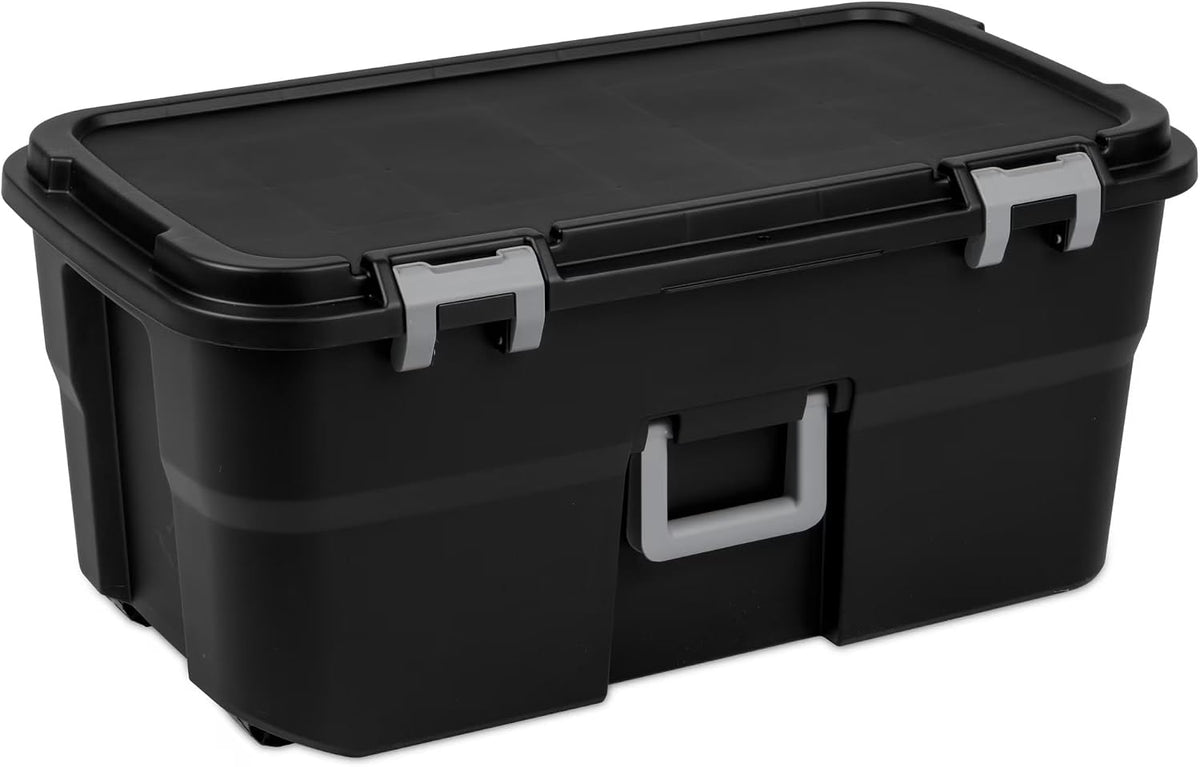 22 Gallon Large Wheeled Footlocker, Heavy Duty Plastic Storage Trunk Container, Lockable with Wheels and Handle, Black