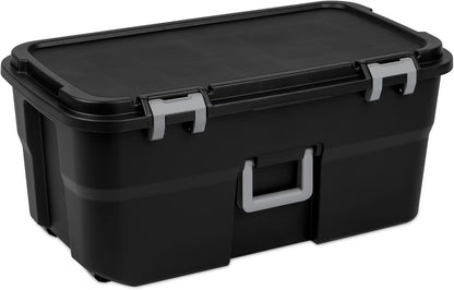 22 Gallon Large Wheeled Footlocker, Heavy Duty Plastic Storage Trunk Container, Lockable with Wheels and Handle, Black