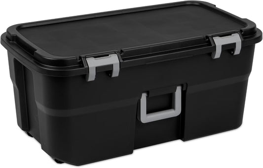 22 Gallon Large Wheeled Footlocker, Heavy Duty Plastic Storage Trunk Container, Lockable with Wheels and Handle, Black