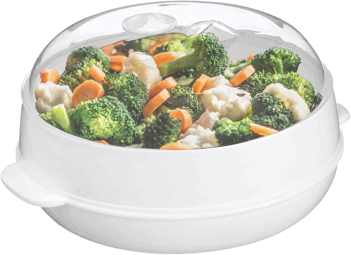 Plastic Microwave Heating Steamer with Lid and Tray (White)