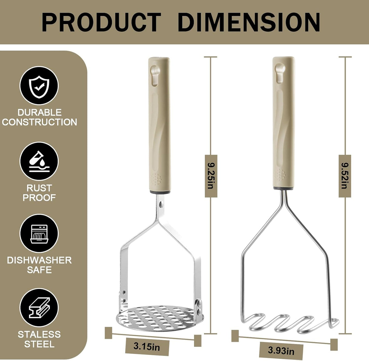 Potato Masher Stainless Steel, 2pcs Heavy Duty Mashed Potato Mashers - Masher Kitchen Tool & Food Mashers for Potatoes, Beans, Avocado, Meat, Vegetables Dishwasher Safe