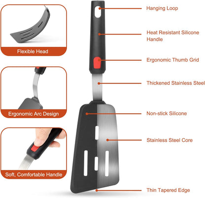 Hotec Silicone Spatula Turner for Nonstick Cookware, Cooking Spatulas 600°F Heat Resistant Large Flexible Rubber Spatula Set of 3, Kitchen Utensils for Flipping Eggs, Burgers, Pancakes, Crepes