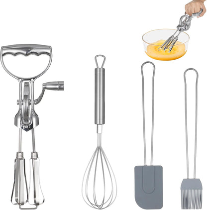 Rotary Egg Beater Set, Manual Rotating Beater with Mixer, Silicone Brush, and Spatula, Double-head Hand Push Whisk, Household Ehisk Accessories for Baking