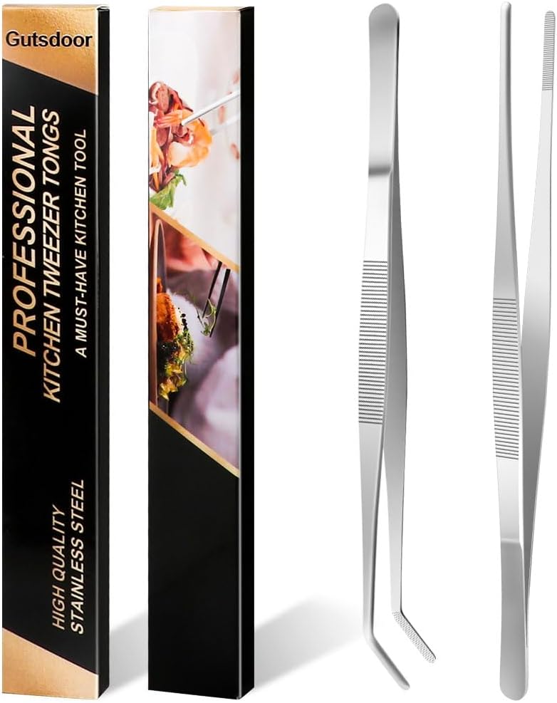 Gutsdoor Kitchen Tweezers Set Stainless Steel Tongs Tweezers Set of 2 with Precision Serrated Tips for Cooking (8 Inch Set)