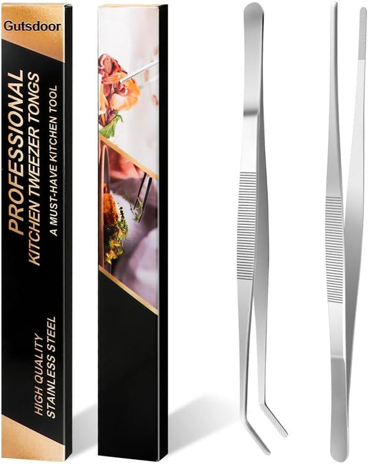 Gutsdoor Kitchen Tweezers Set Stainless Steel Tongs Tweezers Set of 2 with Precision Serrated Tips for Cooking (8 Inch Set)
