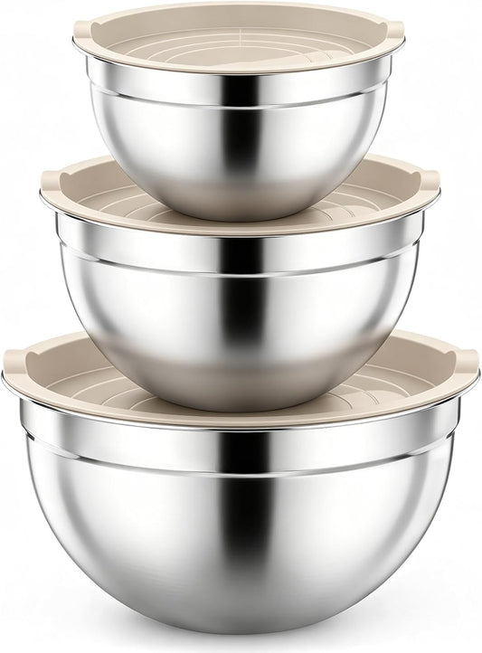 P&P CHEF Stainless Steel Mixing Bowls with Airtight Lids, Khaki