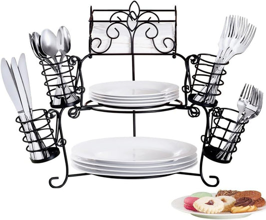 Collections Etc Metal Buffet Organizer with Scroll Design, 7-Piece Set for Plates, Napkins and Cutlery