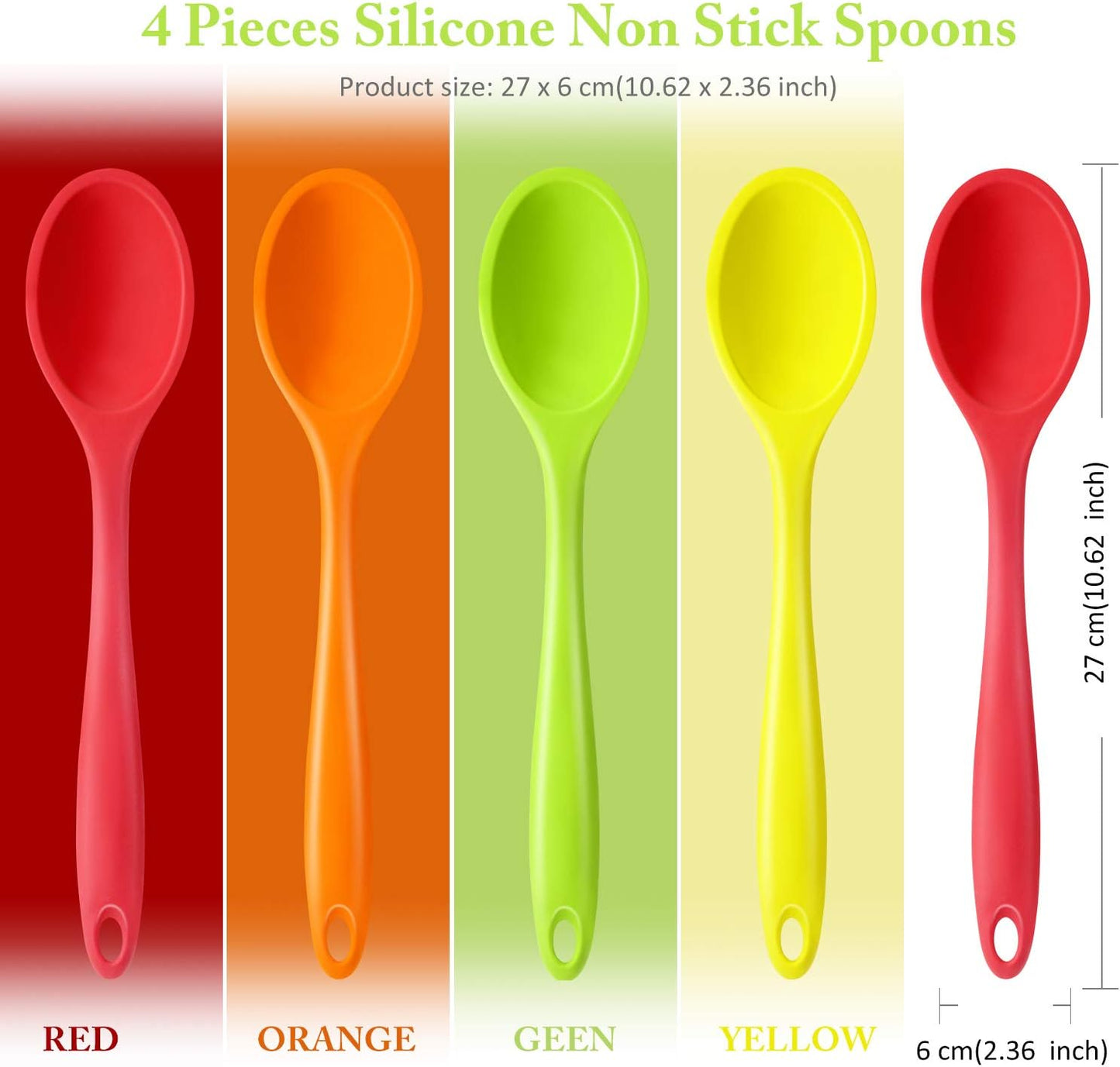 Shappy 4 Pieces Silicone Cooking Spoons 10.6 Inch Heat Resistant Kitchen Spoons for Mixing, Serving and Stirring Upgrade Large Non Stick Basting Utensils, Dishwasher Safe(Spoon,Fashionable Color)
