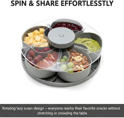 Rotating Snack Tray with Lid – 5 Compartment Divided Serving Tray That Spins, Non-Slip Base, 1 Cup Each Section, Rotating Snack Box Container for Parties, Taco Bars & Movie Nights Blue 2