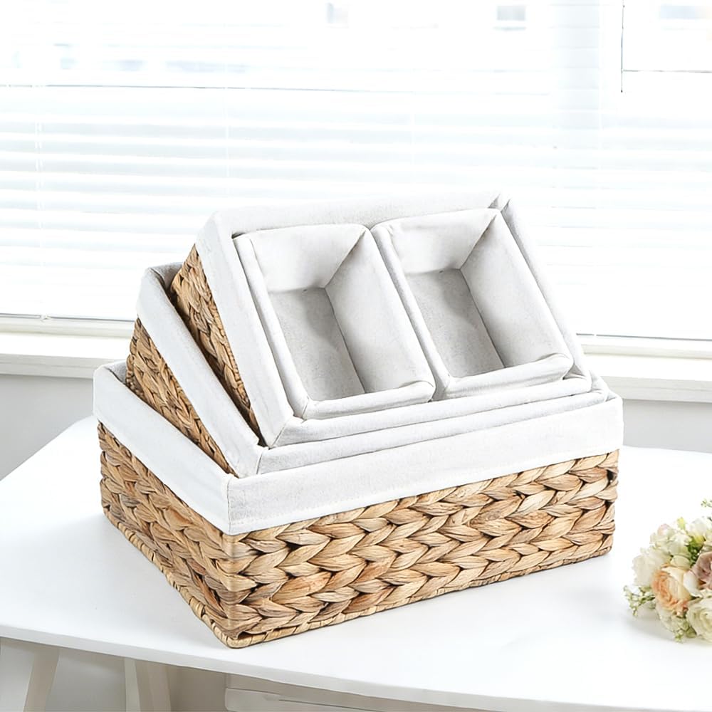 Water Hyacinth Shelf Baskets 4-Pack, Handwoven Wicker Bins with Removable Linen Liners – Divided Upper Compartment & Open Handles, Stackable for Pantry Bathroom Closet