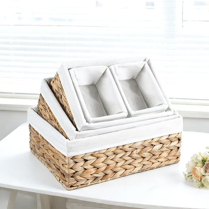 Water Hyacinth Shelf Baskets 4-Pack, Handwoven Wicker Bins with Removable Linen Liners – Divided Upper Compartment & Open Handles, Stackable for Pantry Bathroom Closet