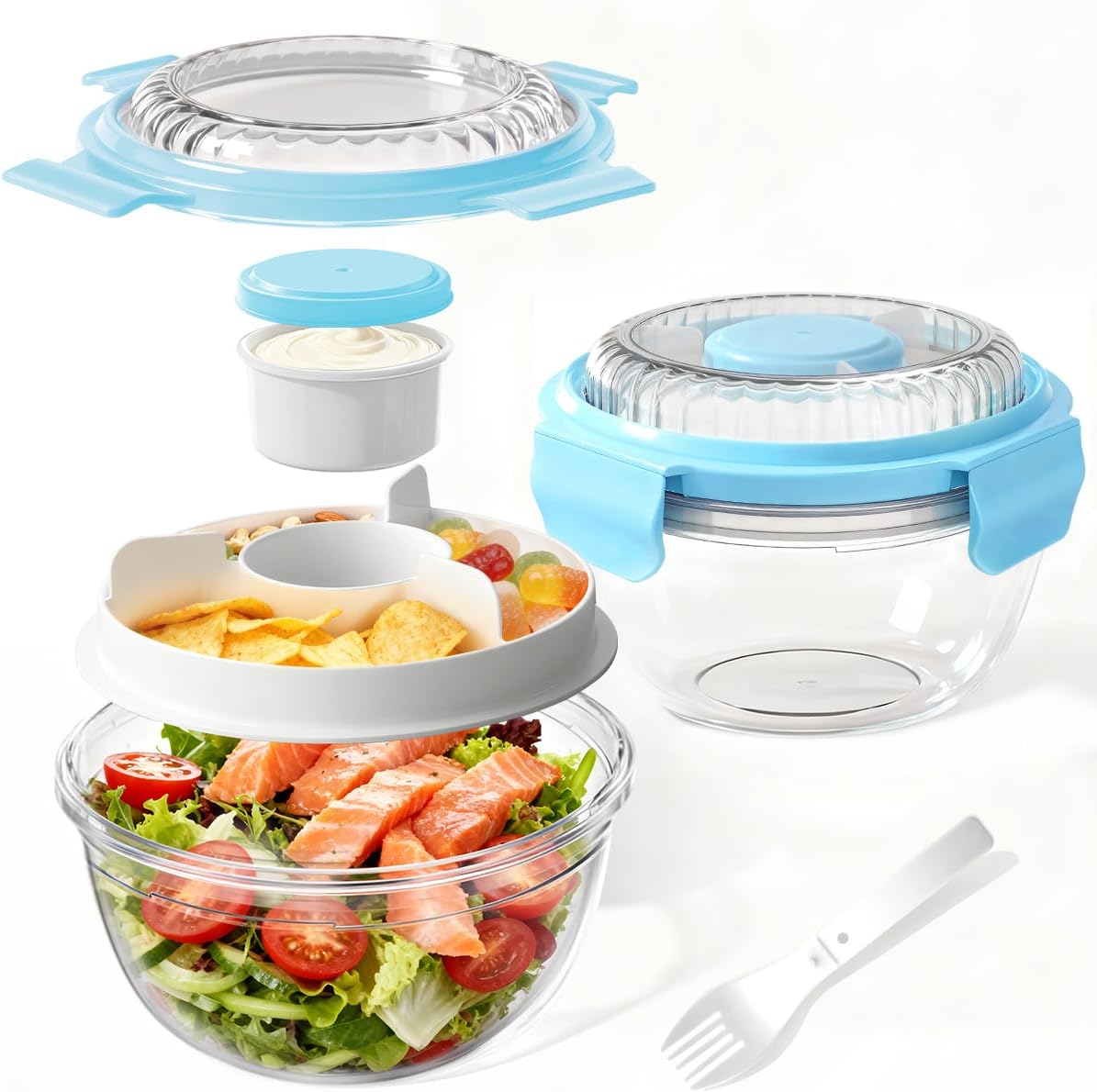 WHALEHOUSE Clear Eco-friendly SK chemicals ECOZEN Salad Container, 33OZ Portable Plastic Salad Bowls with Lid & Snack Tray, Leak-Proof Dressing Container, Reusable Fork, Lunch Box for Meal Prep (Pink)