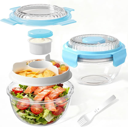 WHALEHOUSE Clear Eco-friendly SK chemicals ECOZEN Salad Container, 33OZ Portable Plastic Salad Bowls with Lid & Snack Tray, Leak-Proof Dressing Container, Reusable Fork, Lunch Box for Meal Prep (Pink)