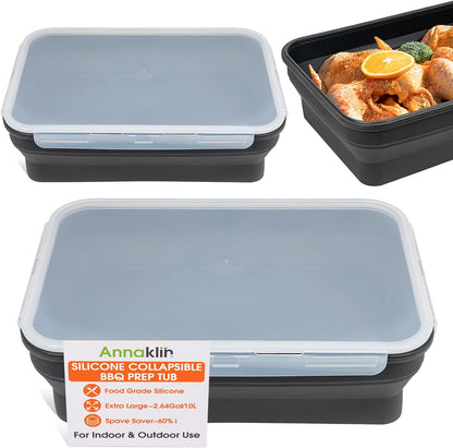 Silicone Collapsible Marinating Container with Lid for Meat, 2.64Gal/10L, Extra Large Collapsible BBQ Prep Tub, Transparent Locking Lid, XL Grill Prep Trays and Carry System, BBQ Must-Have, Black