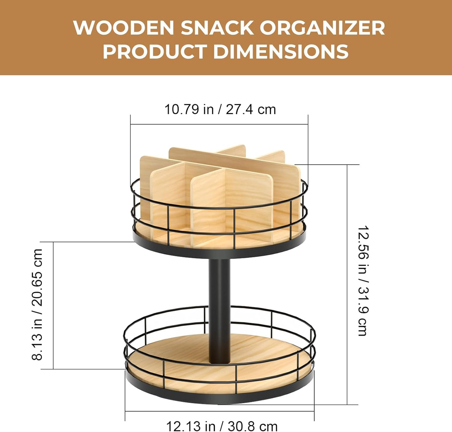 Snack Organizer - Versatile Snack Storage 2 Tier Lazy Susan with Convenient Grab-and-Go Design, Metal Snack Holder for Home, Office, Breakroom, 11.85" L x 11.85" W x 13.3" H (Matte Black)