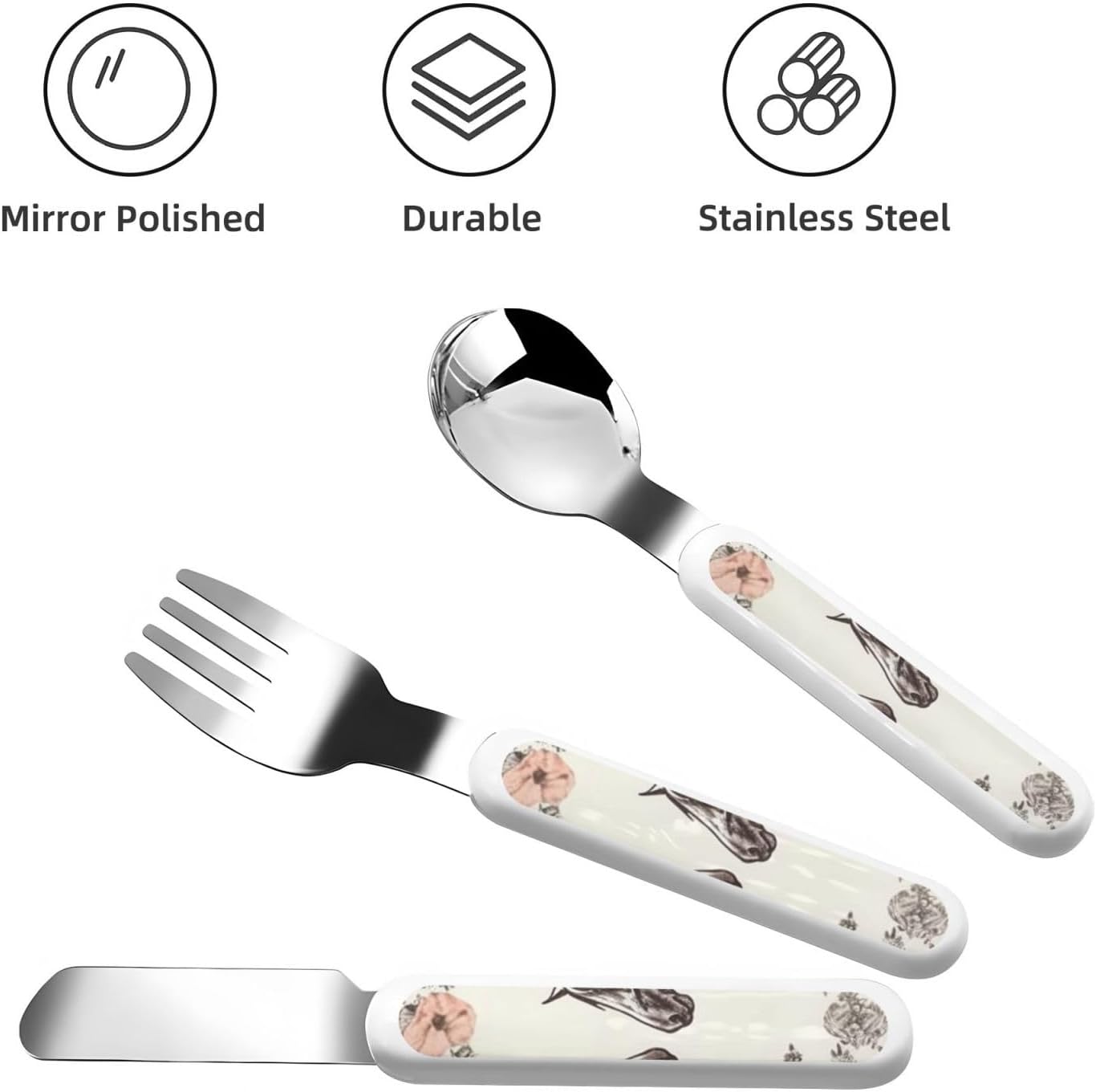 Stainless Steel Kids Silverware Set, Flowers And Horses Hand Drawn Utensil Set Reusable Children Safe Knife Spoon Fork Set With Storage Case Dishwasher Safe For Lunch, Travel Outdoors