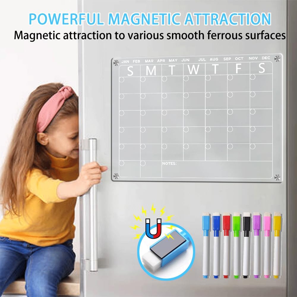 4Pcs Fridge Calendar Set, Clear Magnetic Dry Erase Daily, Weekly, Monthly Planners & Menu Board, w/ 2 Packs of 8 Markers