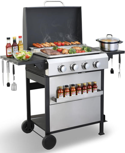CIG GARDEN 3-Burner Gas Grill & Griddle Combo, 2-in-1 Propane BBQ with Stainless Steel Griddle, Cast Iron Grates & Lid - 30,000 BTU Flat Top for Patio, Backyard, Camping