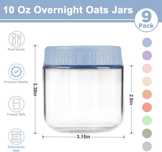 Overnight Oats Containers with Lids, 10oz Wide Mouth Mason Jars with Lids, 9 Pack Glass Jars with Airtight lid for Chia Pudding Yogurt Salad, Meal Prer Oatmeal Jars, Pink