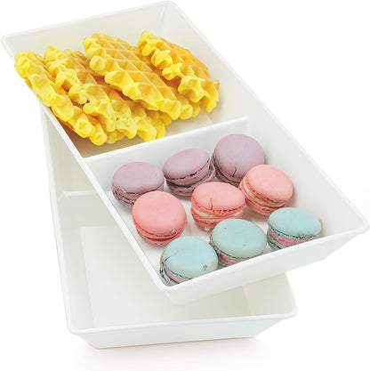 Divided Serving Tray Platter, 4 Pack 15" x 10" Fruit Veggie Food Tray for Party, Plastic Serving Trays for Appetizer, Snack, Dessert, Cookie, Brunch Decorations Platters, White Trays BPA-Free
