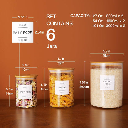 CZZGSM Set of 6 Glass Flour and Sugar jars with 132 Kitchen Pantry Labels - Thicken Large Glass Storage containers with Airtight Bamboo Lid - Rice Canisters for Salt Coffee - 100OZ/54OZ/27OZ