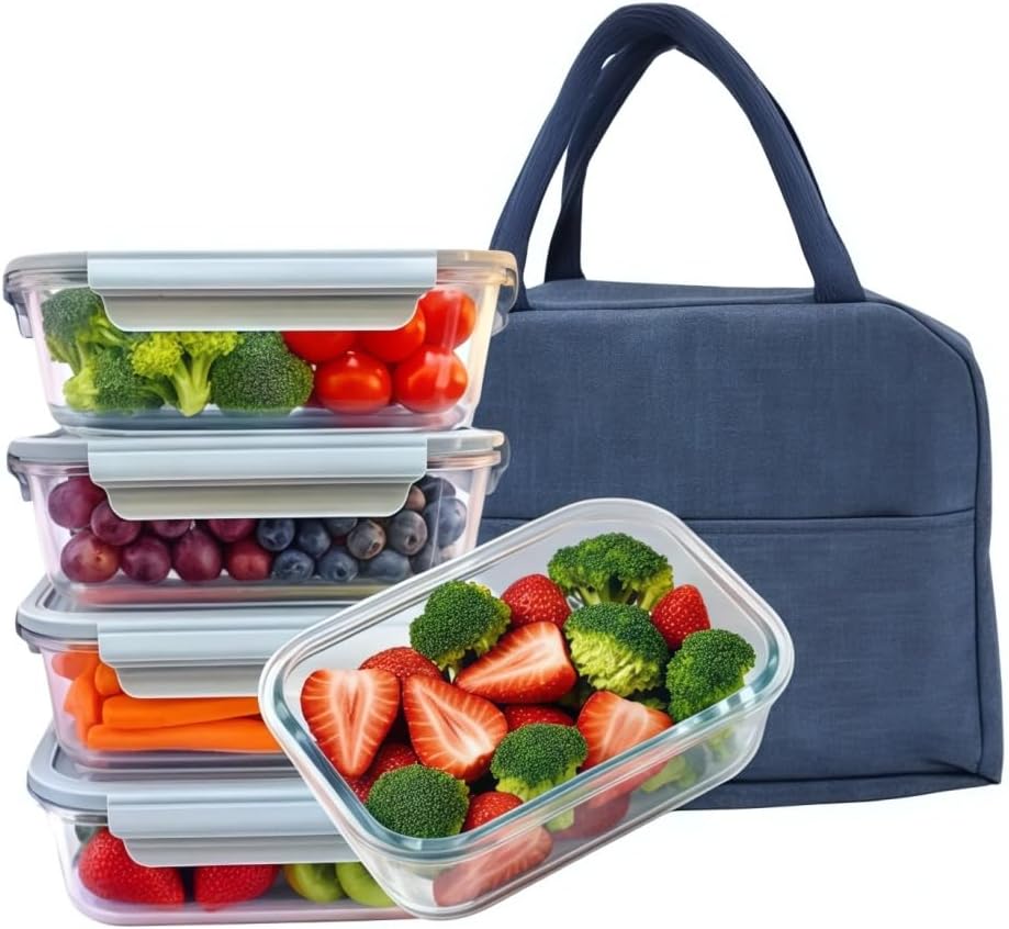 5Pack (32oz-3 Compartments with Lunch Bag) Glass Food Storage Containers with Lids for Kitchen Meal Prep, Fridge Organization, Lunch Box